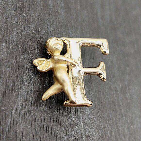 Vintage Angel Monogram Initial "F" Goldtone Pin Brooch - Picture 3 of 8